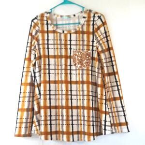 Womens Sz L Plaid Sequin Stretchy Long Sleeve Made in USA Tee Shirt